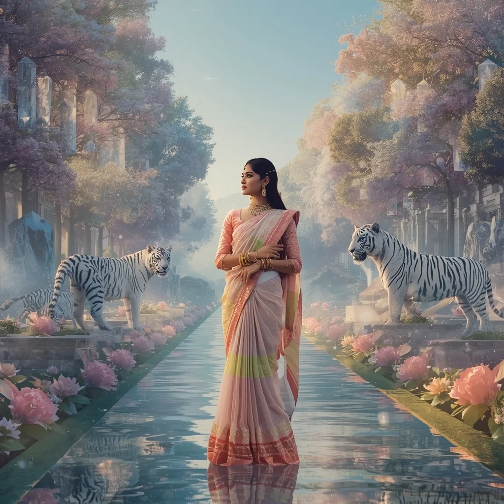Festive Pastel Saree Celestial Crystal White Tiger Palace Sanctuary Collage Premium Editorial | New Instagram Trend Prompt For Girl Aesthetic