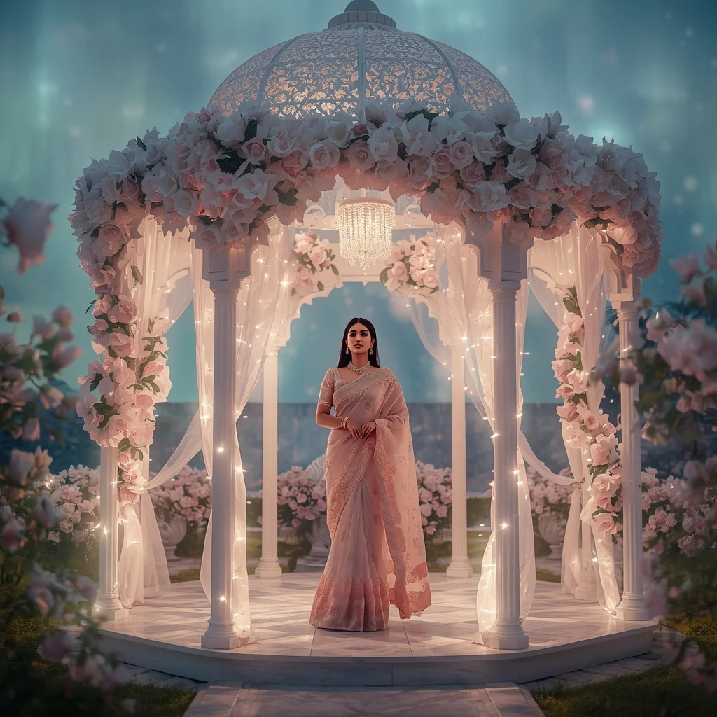 Festive Pastel Saree Celestial Gardenia Aurora Pavilion Collage Luxury | Prompt Seen Trending Girl