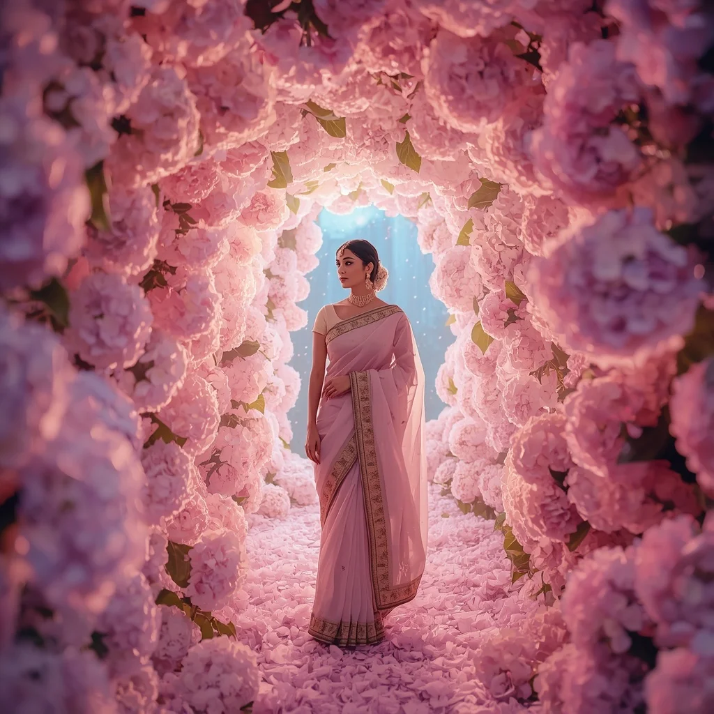 Festive Pastel Saree Celestial Hydrangea Aurora Palace Collage Luxury | Happy Ai Prompt
