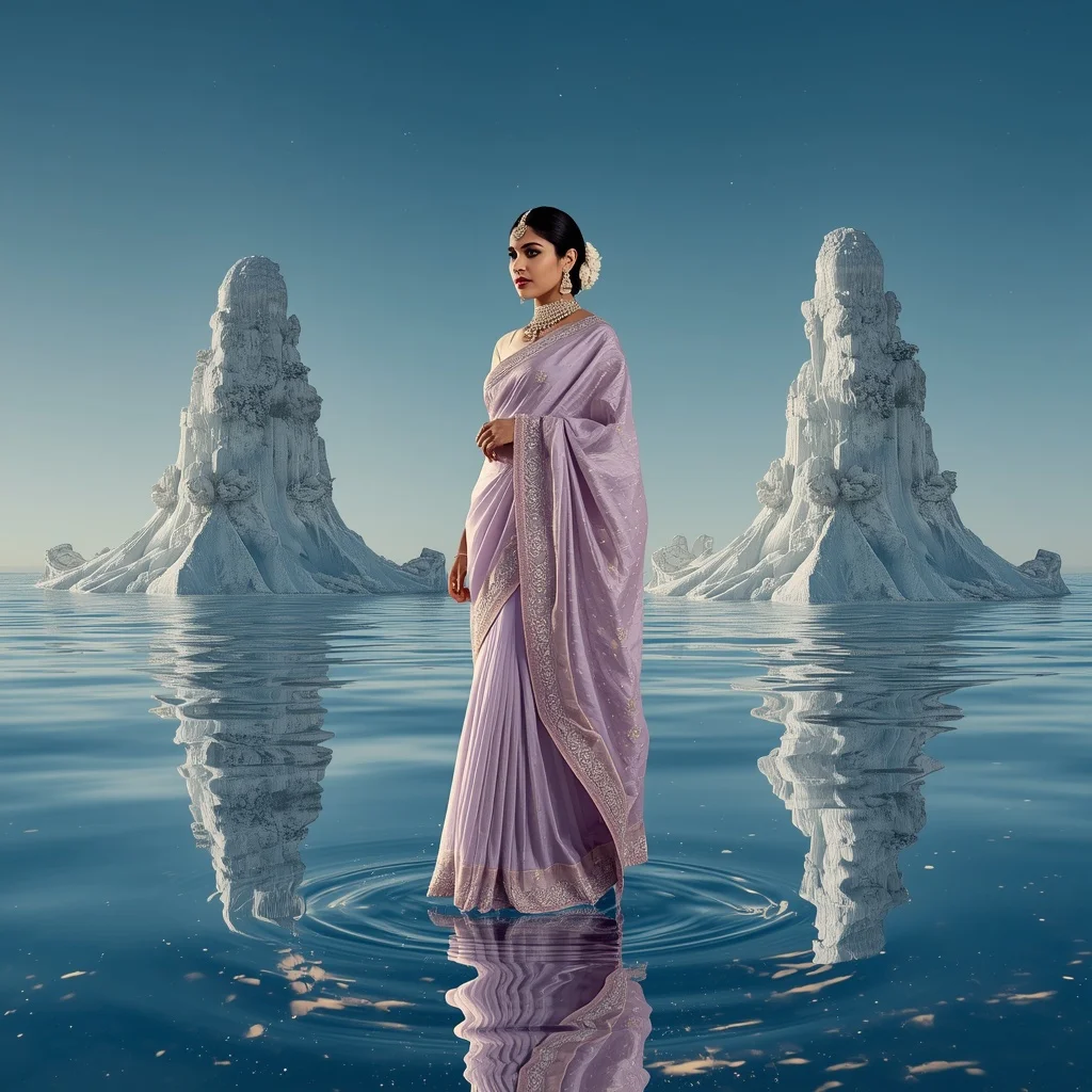 Festive Pastel Saree Celestial Mirror Ocean Crown Collage | Fantasy Ai Prompt