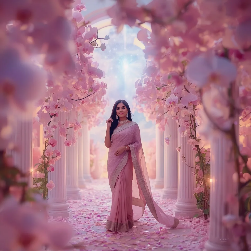 Festive Pastel Saree Celestial Orchid Aurora Palace Collage Luxury | South Indian Prompt For Gemini Girl Instagram