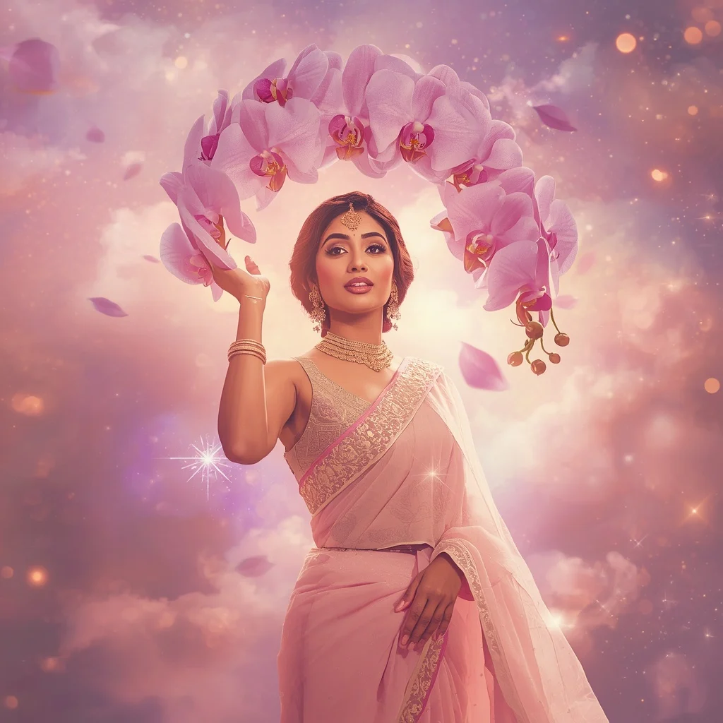 Festive Pastel Saree Celestial Orchid Crown Galaxy Collage Luxury | Youtube Thumbnail Ai Prompt