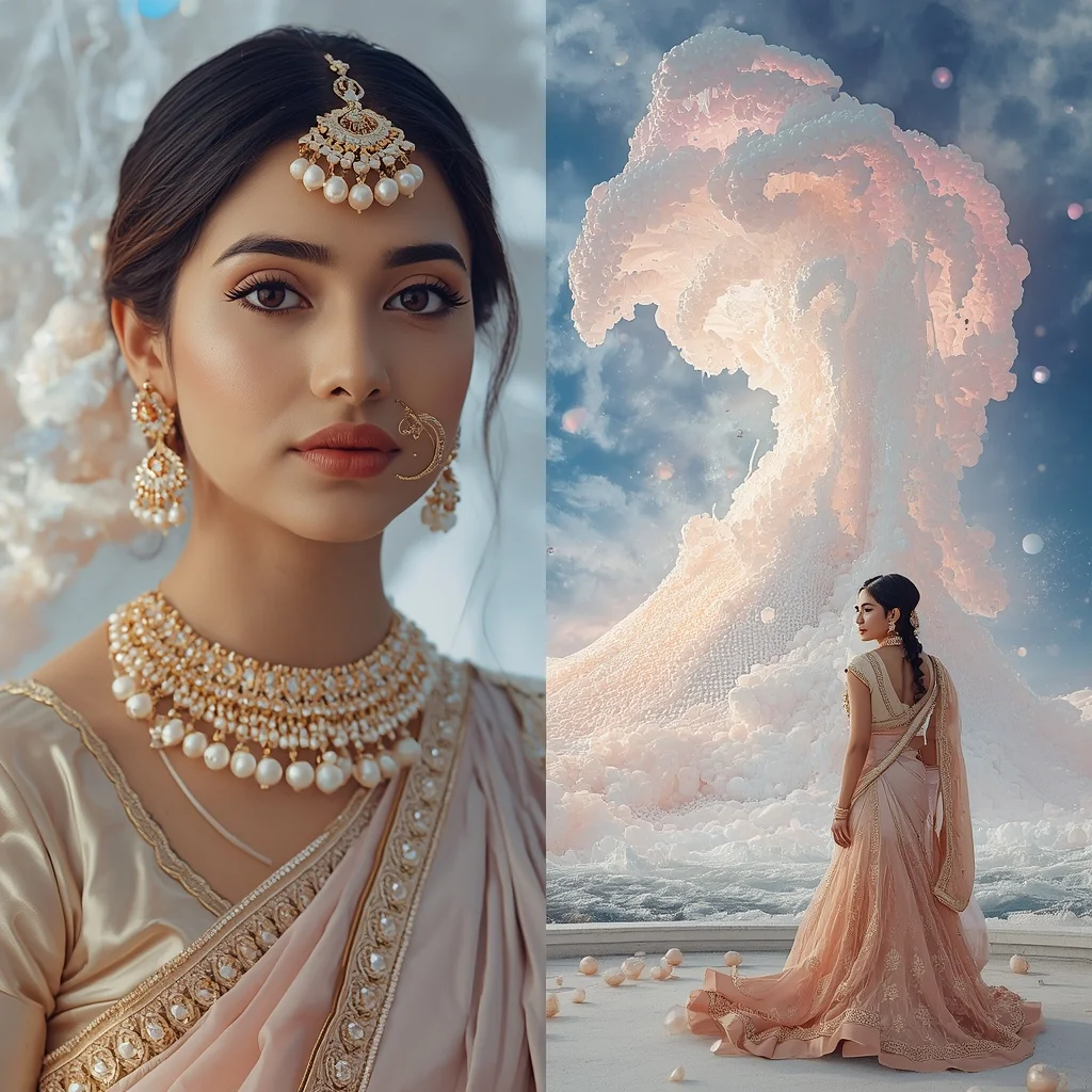 Festive Pastel Saree Celestial Pearl Tsunami Kingdom Collage | Ai Gemini Prompt