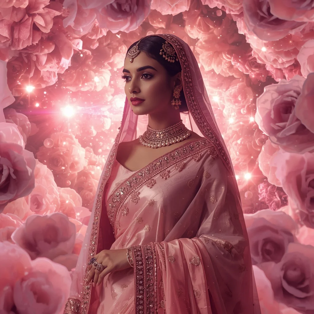 Festive Pastel Saree Celestial Rose Quartz Supernova Garden Collage | Gemini Ai Prompt