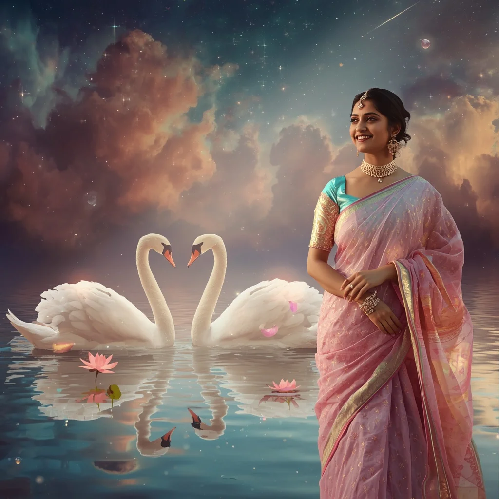Festive Pastel Saree Celestial Swan Lake Galaxy Collage Cinematic Premium | Ai Prompt Text Generator