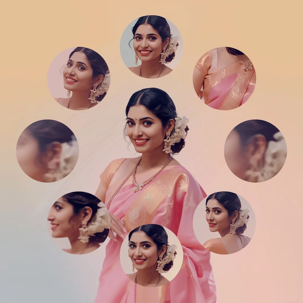 Festive Pastel Saree Circular Orbit Collage | Indian Girl Round Frame Aesthetic Soft Cinematic Viral Prompt | Saree Reel Ai Prompt