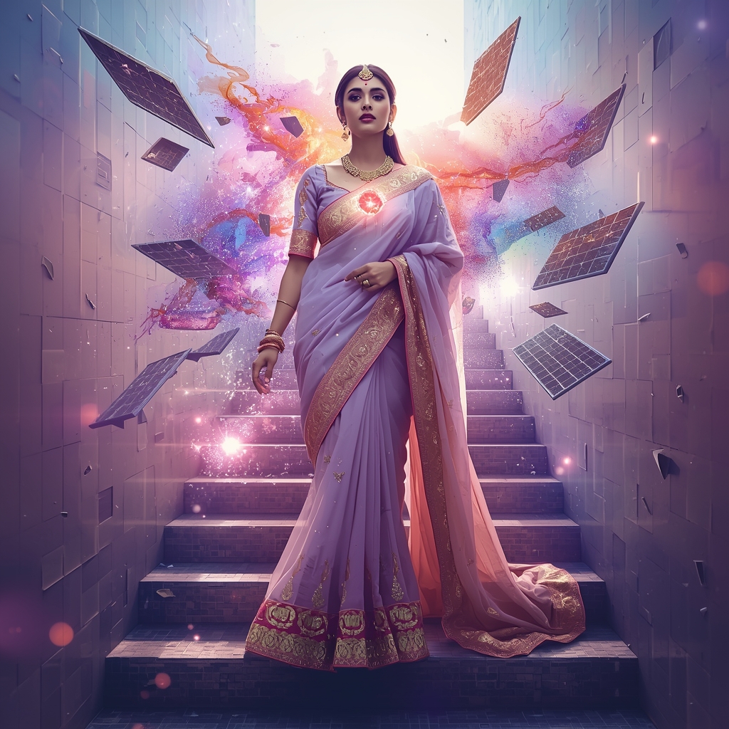 Festive Pastel Saree Core Staircase Galaxy Burst Collage | Infinite Digital Prompt | Saree Look Ai Prompt Modern Style