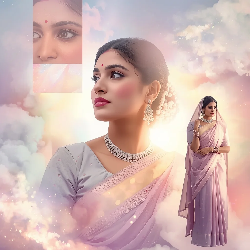 Festive Pastel Saree Cosmic Aura Collage | Indian Girl Galaxy Glow Aesthetic Soft Cinematic Viral Prompt | Saree Prompt Text To Image