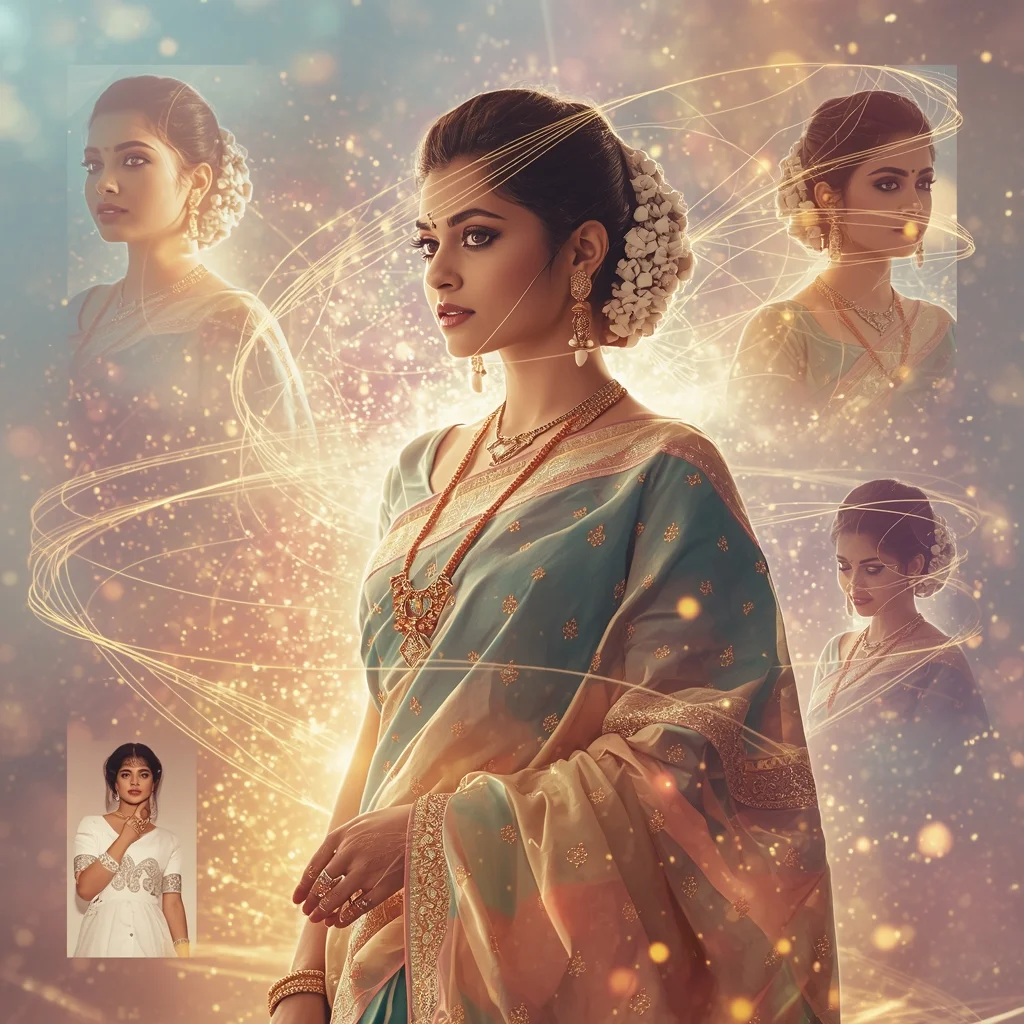 Festive Pastel Saree Cosmic Energy Thread Weave Collage Premium Cinematic | Saree Profile Pic Ai Prompt