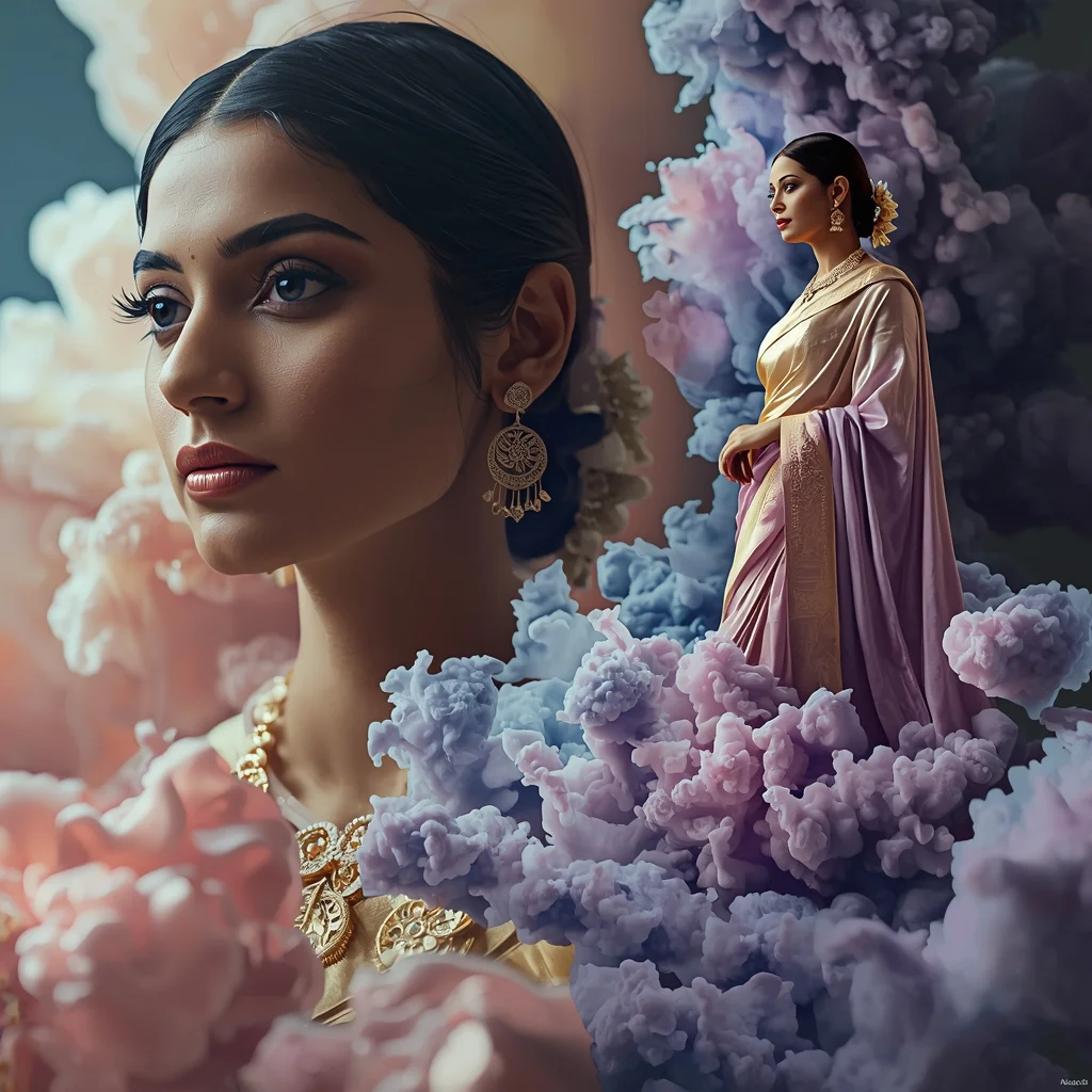 Festive Pastel Saree Cosmic Ink Nebula Formation Collapse Collage Prompt | Gemini Saree Prompt For Girl
