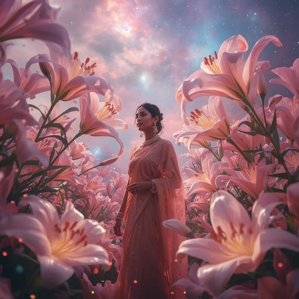 Festive Pastel Saree Cosmic Lily Nebula Garden Collage Modern Cinematic | New Instagram Trend Prompt For Girl And Boy Aesthetic