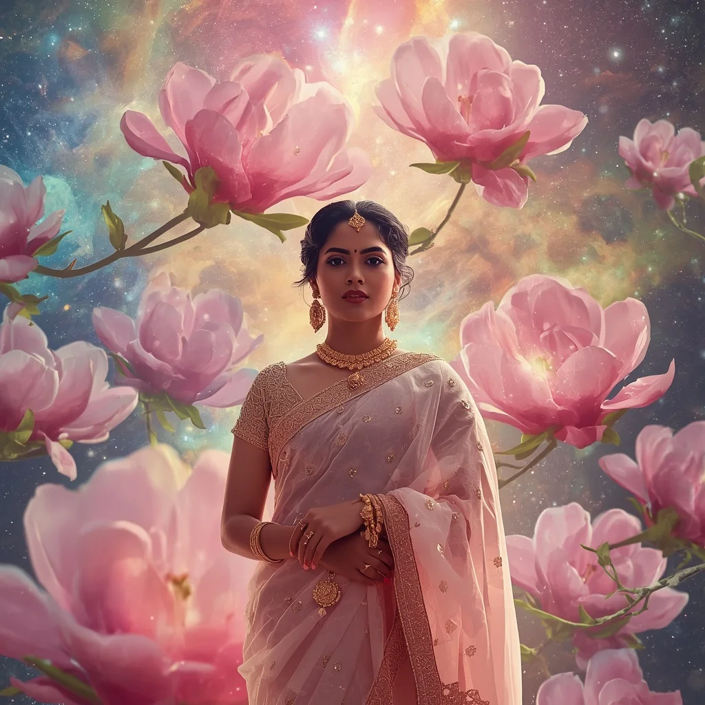 Festive Pastel Saree Cosmic Magnolia Universe Collage Cinematic Aesthetic | Chatgpt Prompt For Photo Editing Trending