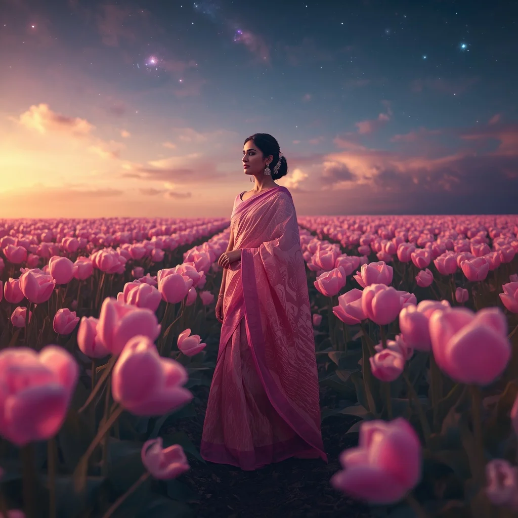 Festive Pastel Saree Cosmic Star Tulip Valley Collage Modern Cinematic | Chatgpt Photo Editing Styles For Girl