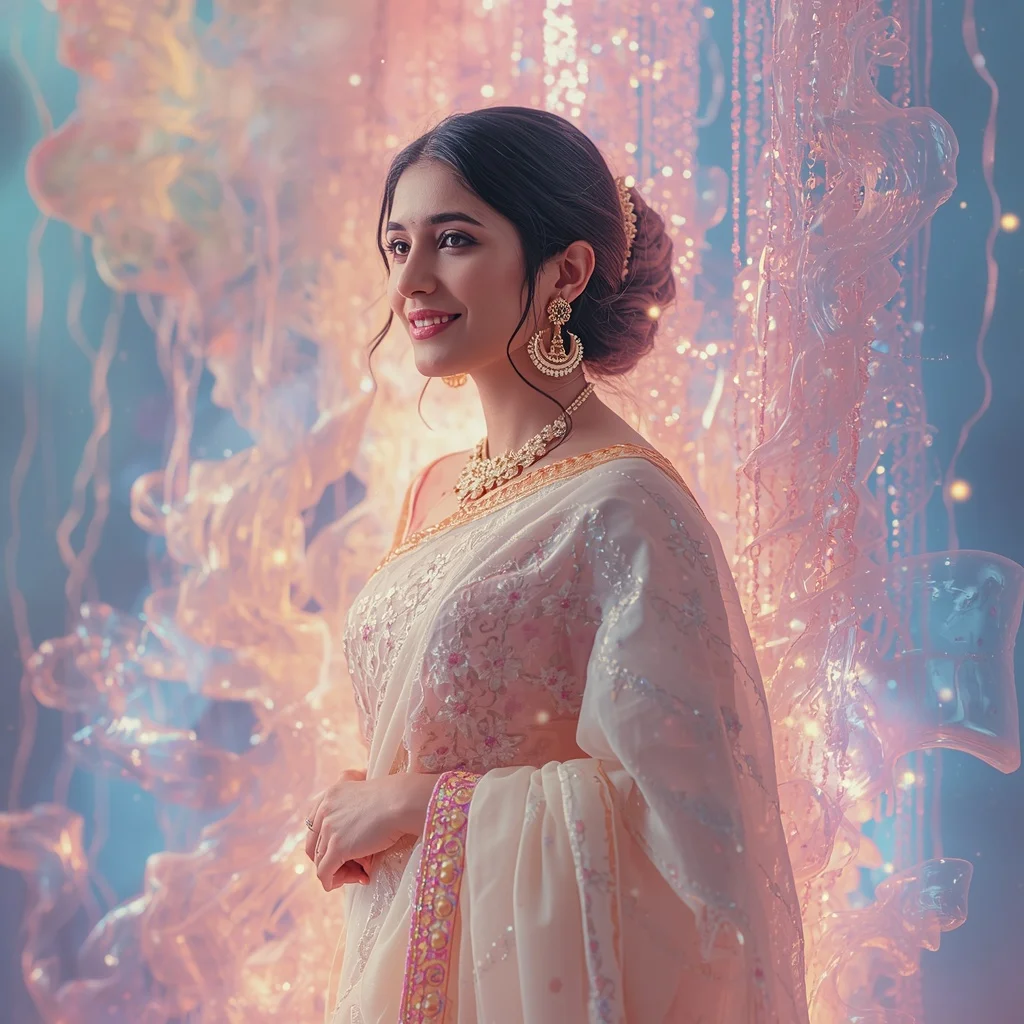 Festive Pastel Saree Cosmic String Theory Flow Collage | Woman Pose Ai Prompt