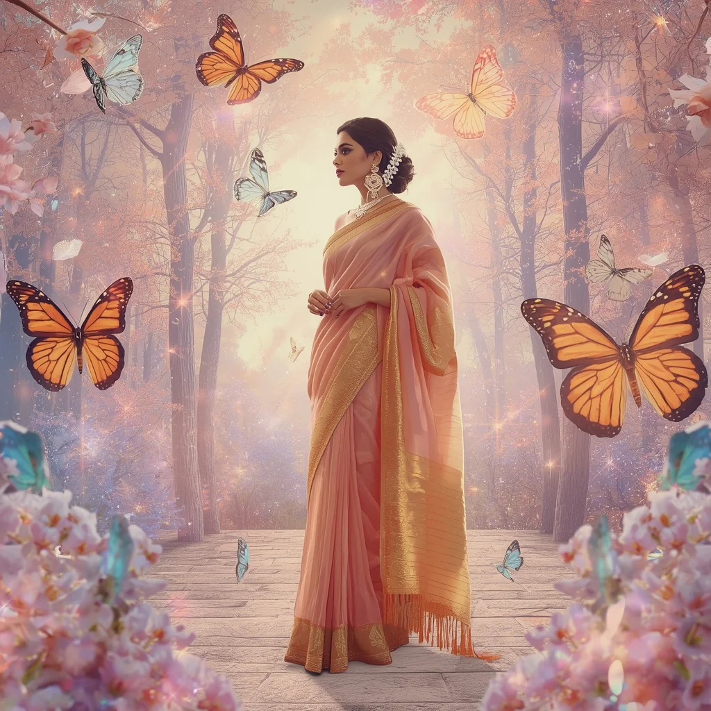 Festive Pastel Saree Crystal Aurora Butterfly Kingdom Collage Premium Masterpiece | Editing Prompt Girl Aesthetic