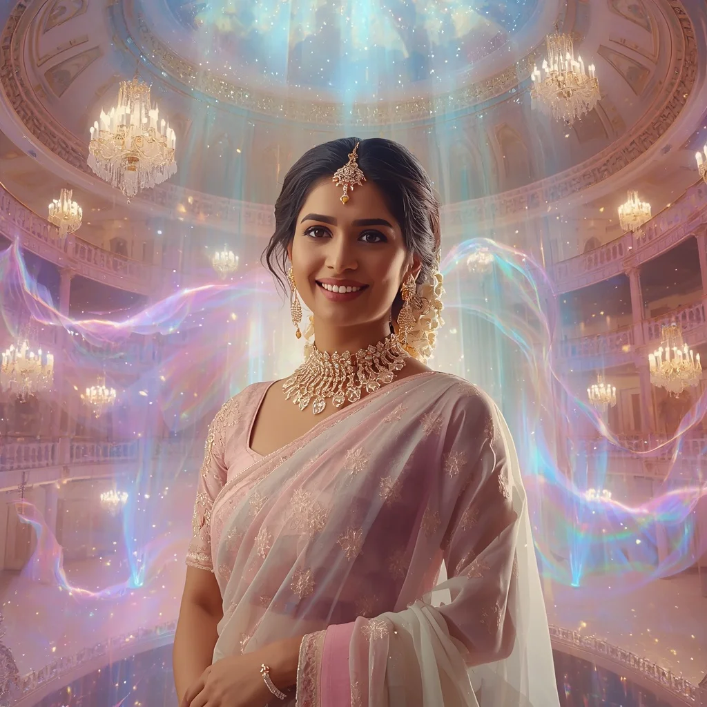 Festive Pastel Saree Crystal Aurora Celestial Theater Collage Premium Cinematic | Prompt Seen Girl Photo Editing Trending Instagram