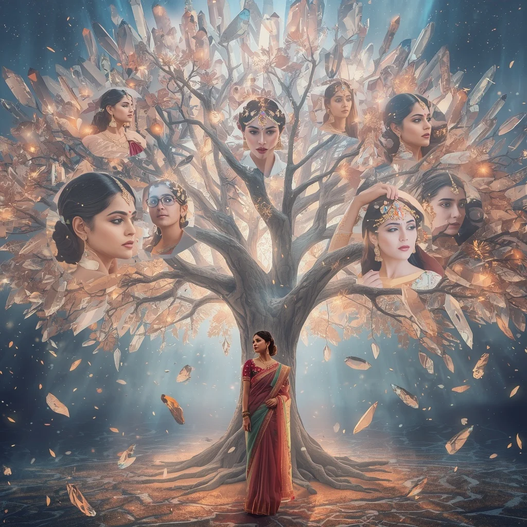 Festive Pastel Saree Crystal Aurora Celestial Tree Luxury | Hd Image Prompt