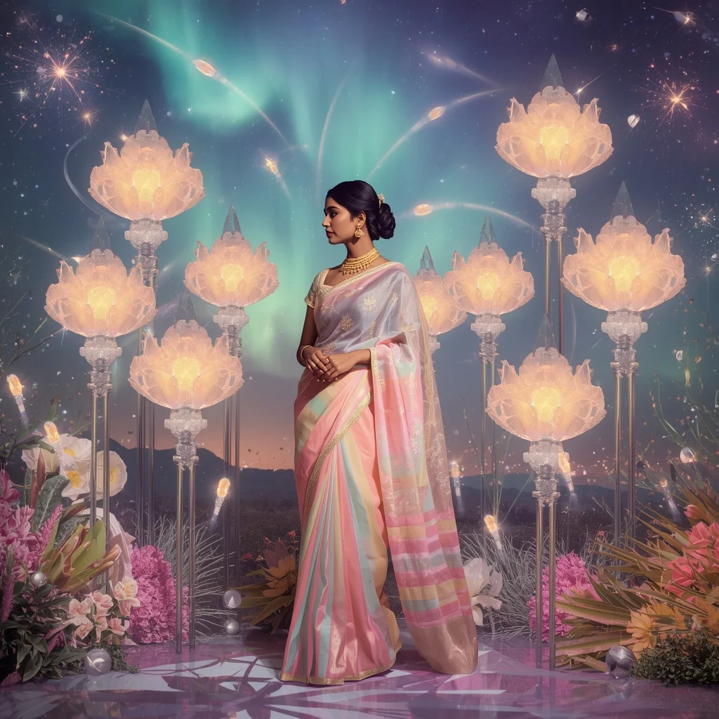 Festive Pastel Saree Crystal Aurora Comet Garden Collage Luxury | Prompt Engineering