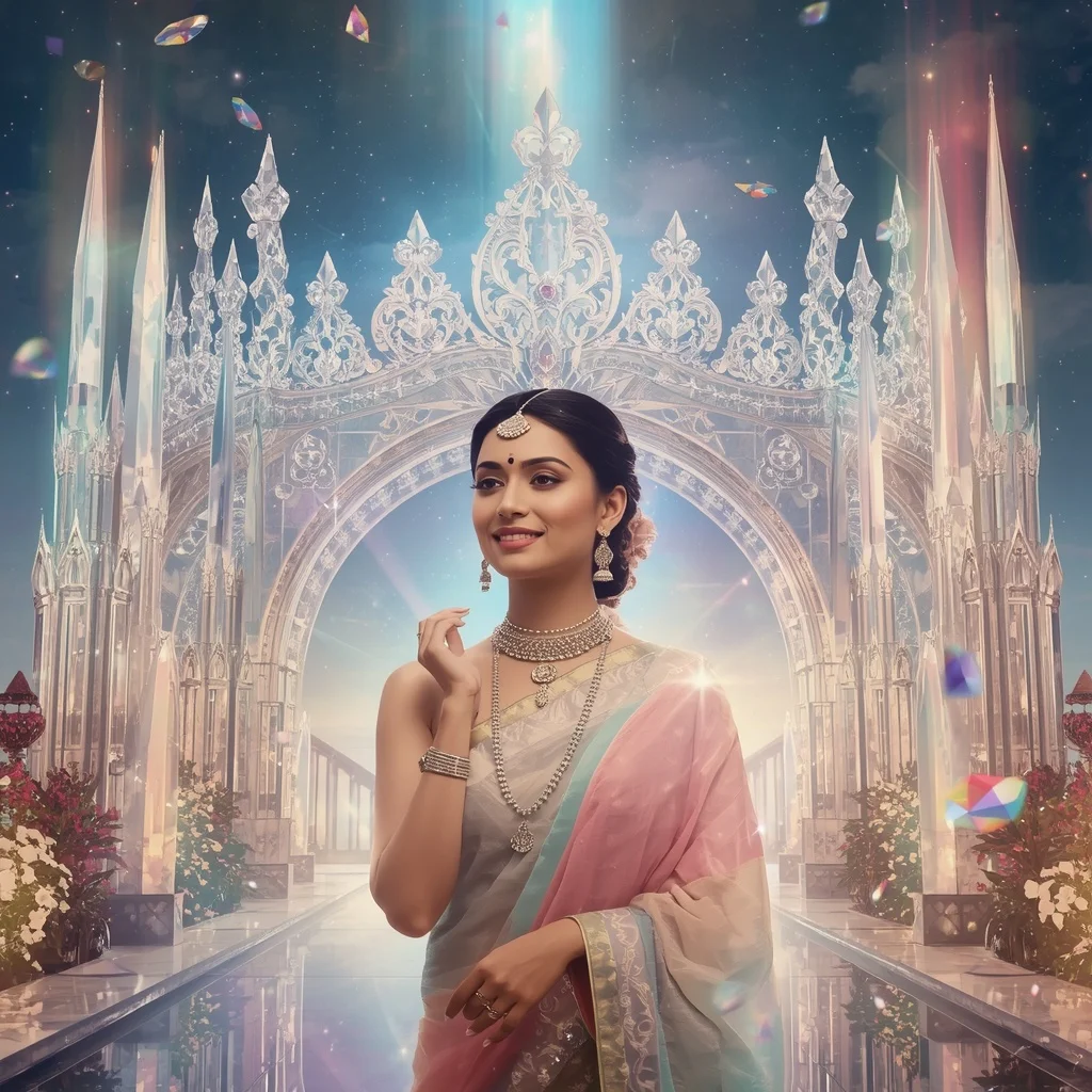 Festive Pastel Saree Crystal Aurora Crown Palace Collage Premium Cinematic | New Instagram Trend Prompt For Girl And Boy Copy And Paste