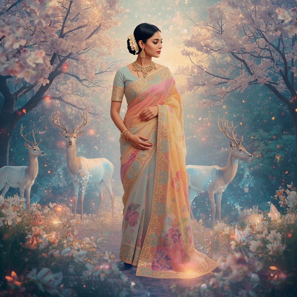 Festive Pastel Saree Crystal Aurora Deer Kingdom Collage Premium Masterpiece | New Instagram Trend Prompt For Girl Aesthetic