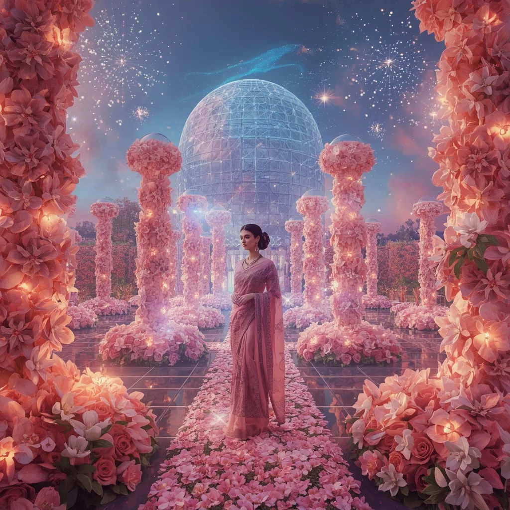 Festive Pastel Saree Crystal Aurora Floral Observatory Collage Luxury | Instagram Highlight Cover Ai Prompt