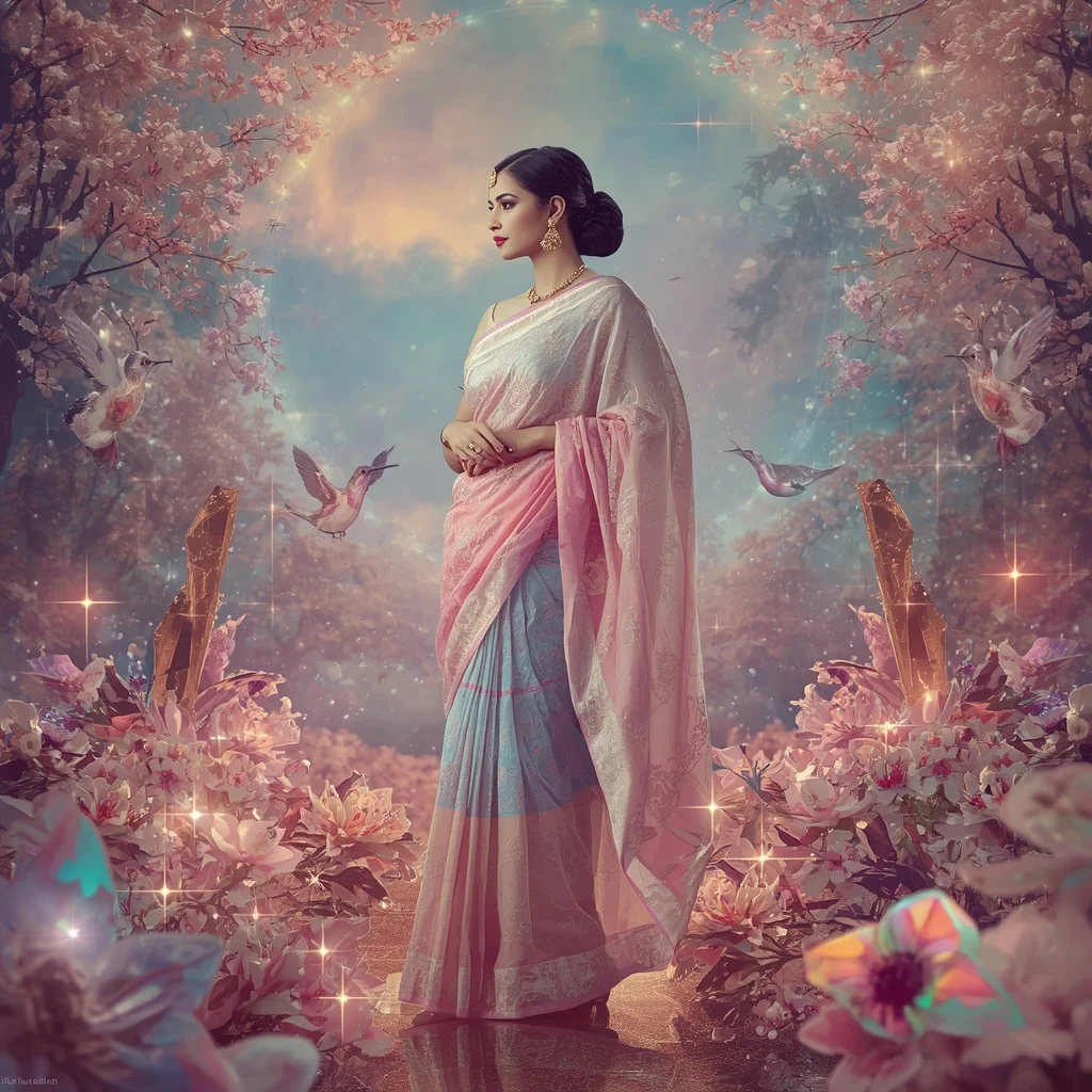 Festive Pastel Saree Crystal Aurora Hummingbird Kingdom Collage Premium Masterpiece | Fantasy Ai Prompt