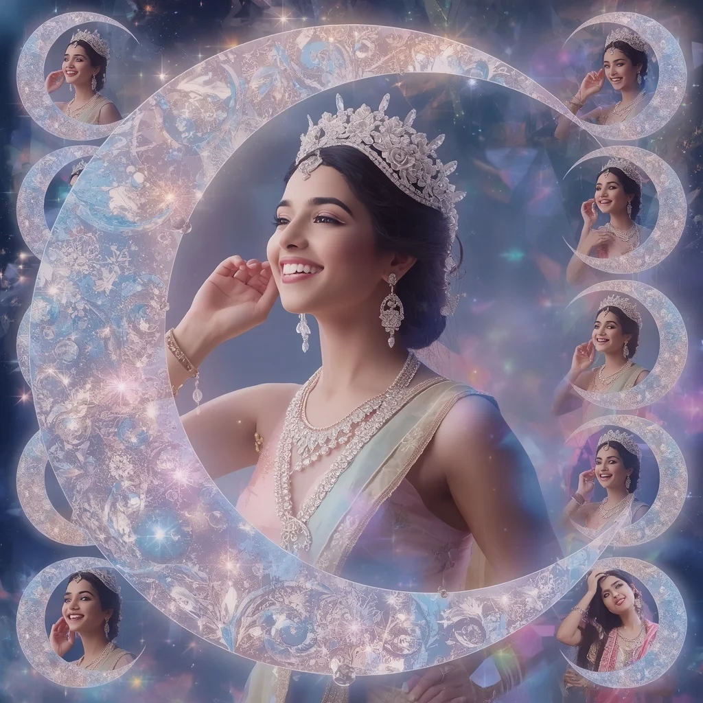Festive Pastel Saree Crystal Aurora Moon Crown Collage Premium | Ai Image Prompt