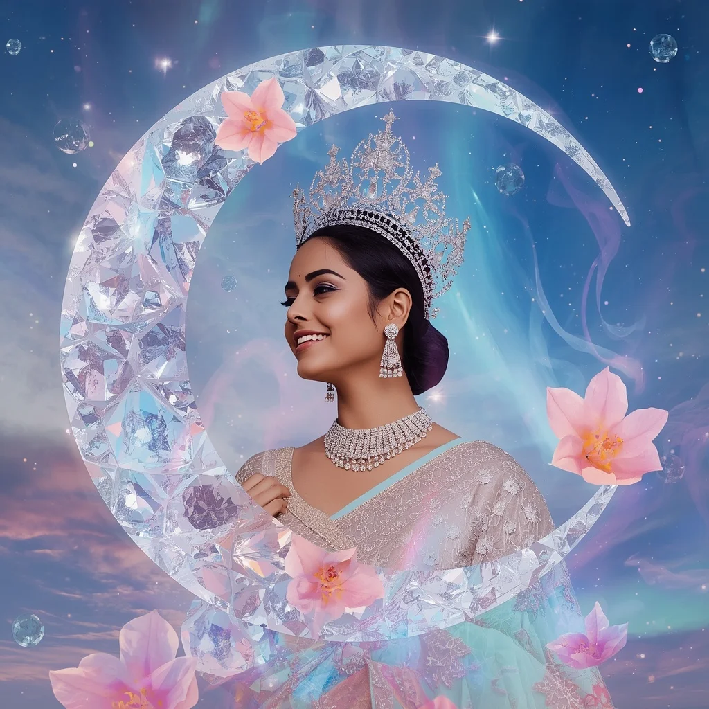 Festive Pastel Saree Crystal Aurora Moon Crown Luxury | Prompt For Gemini AI Girl