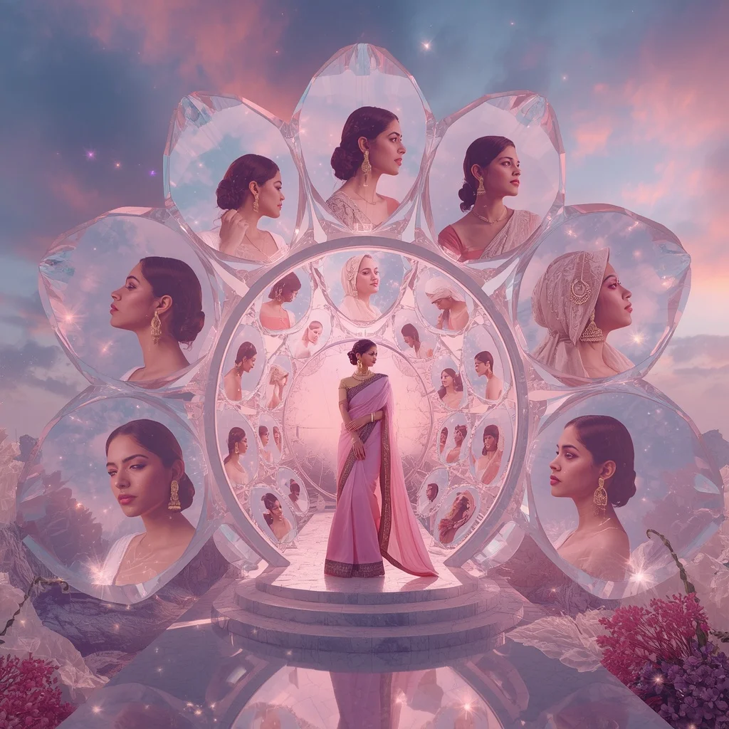 Festive Pastel Saree Crystal Aurora Orchid Observatory Collage Luxury | Profile Picture Ai Prompt