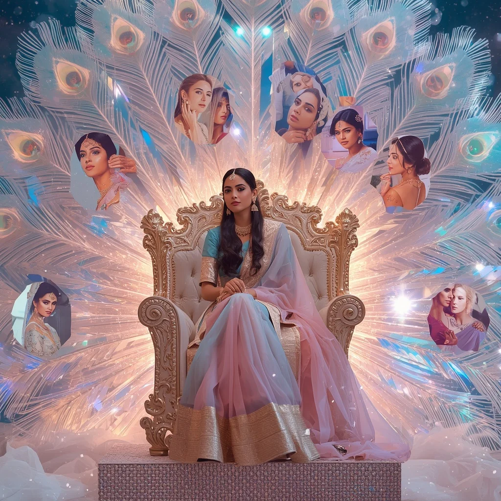 Festive Pastel Saree Crystal Aurora Peacock Throne Collage Luxury | Indian Girl Ai Prompt
