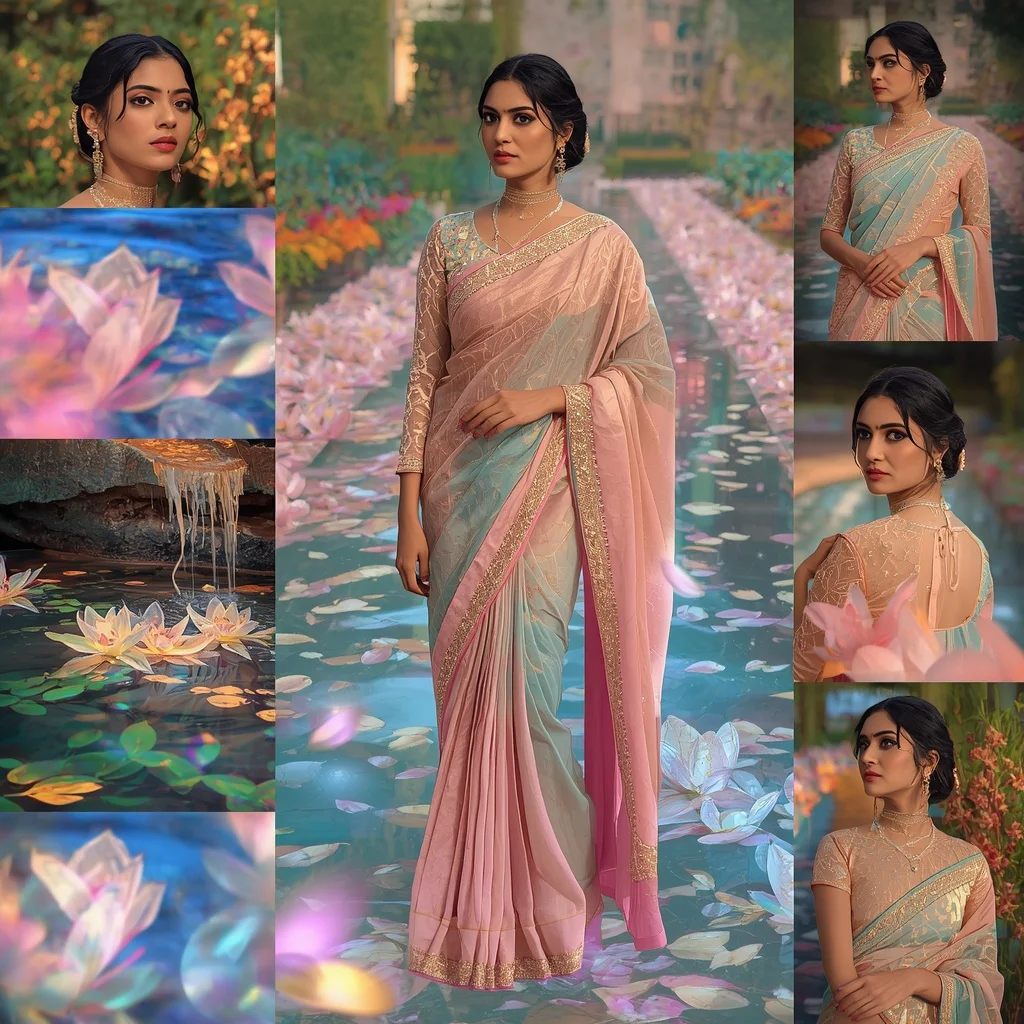 Festive Pastel Saree Crystal Aurora Petal Water Garden Collage Luxury Fashion | Fitness Model Ai Prompt