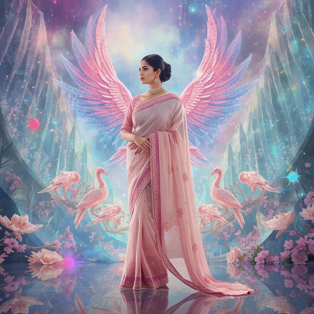 Festive Pastel Saree Crystal Aurora Phoenix Queen Realm Collage Premium Masterpiece | Prompt For Traditional Look For Girl Chatgpt Instagram