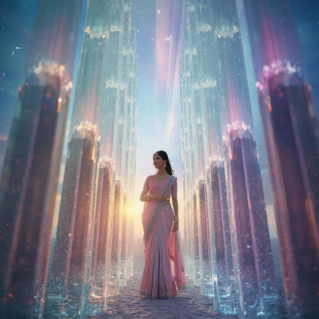 Festive Pastel Saree Crystal Aurora Rainbow Citadel Collage Premium | Woman Pose Ai Prompt
