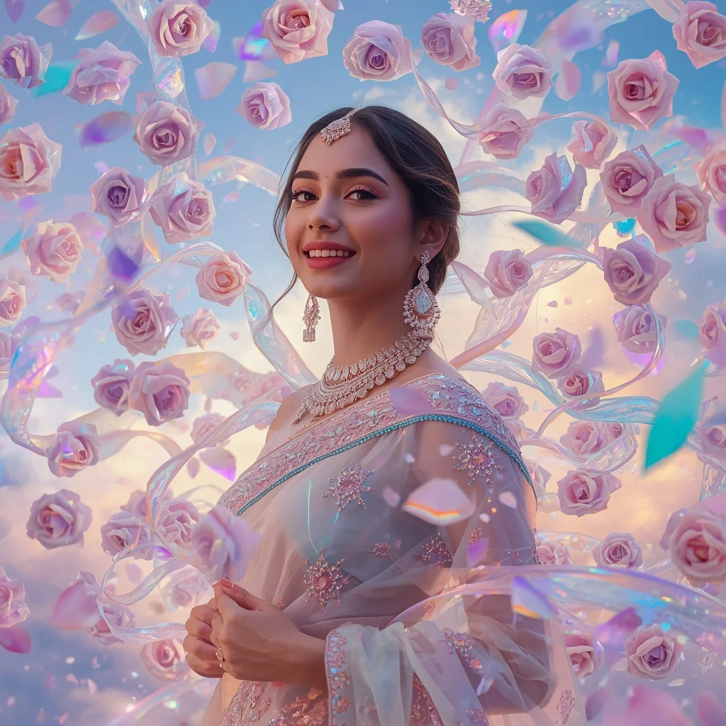 Festive Pastel Saree Crystal Aurora Rose Storm Collage Luxury Cinematic | Prompt Seen Gemini Girl Instagram