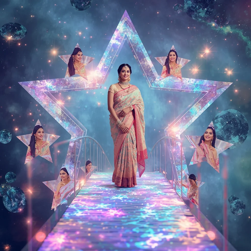 Festive Pastel Saree Crystal Aurora Star Bridge Collage Premium | Desi Girl Ai Prompt