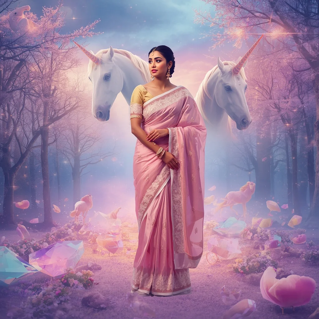 Festive Pastel Saree Crystal Aurora Unicorn Empress Realm Collage Premium Masterpiece | Instagram Profile Pic Ai Prompt