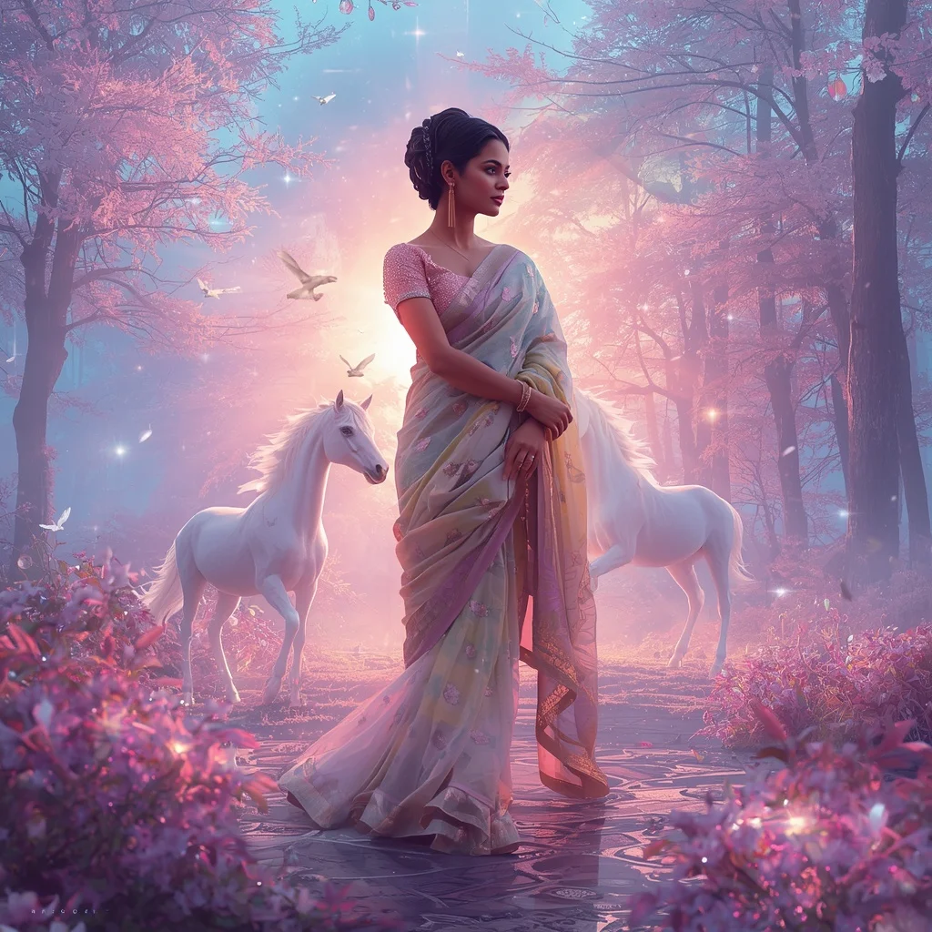 Festive Pastel Saree Crystal Aurora Unicorn Realm Collage Premium Masterpiece | Instagram Prompt For Traditional Look For Girl