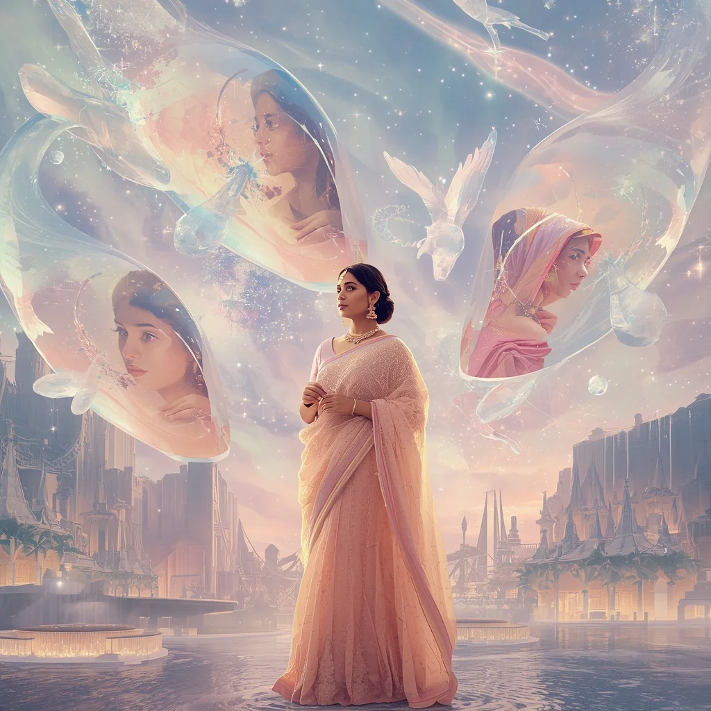 Festive Pastel Saree Crystal Aurora Whale Kingdom Collage Luxury | Gemini Ai Prompt