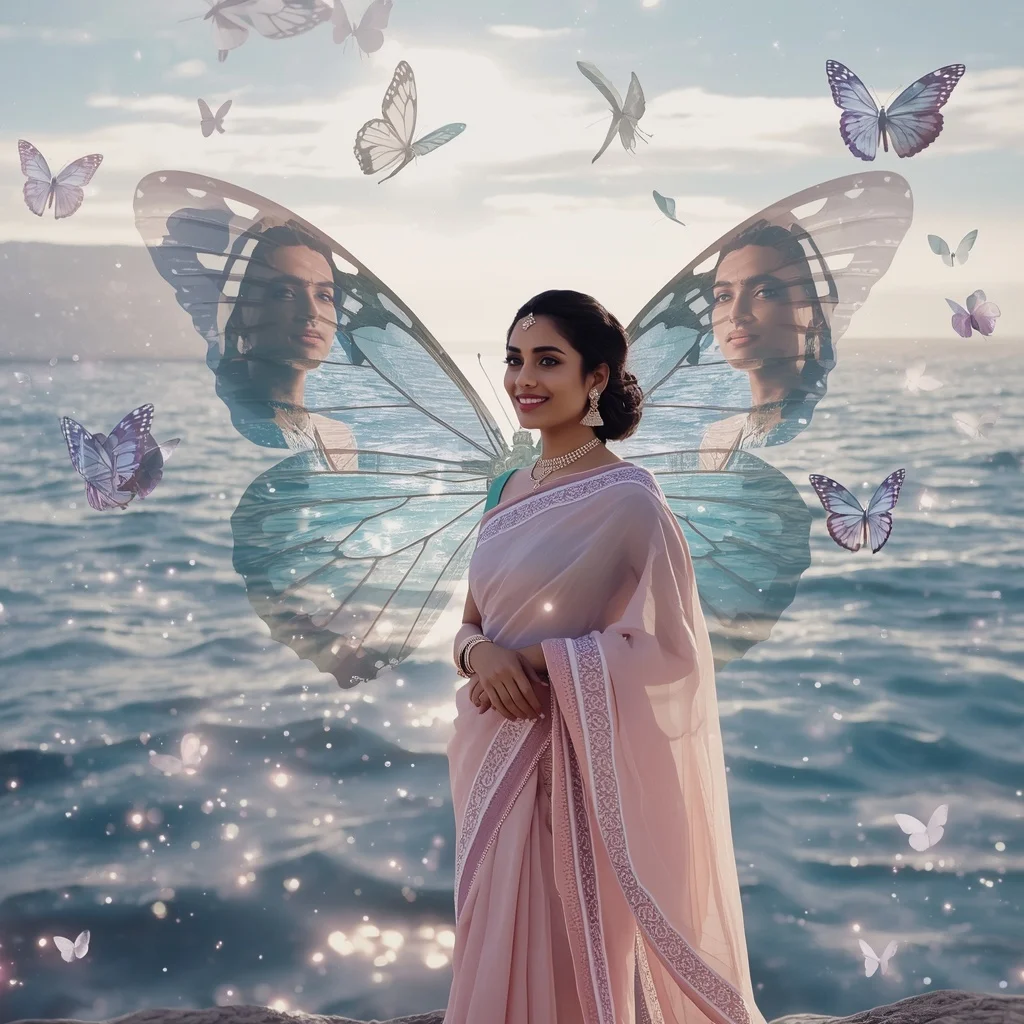 Festive Pastel Saree Crystal Celestial Butterfly Ocean Collage Premium | Character Design Ai Prompt