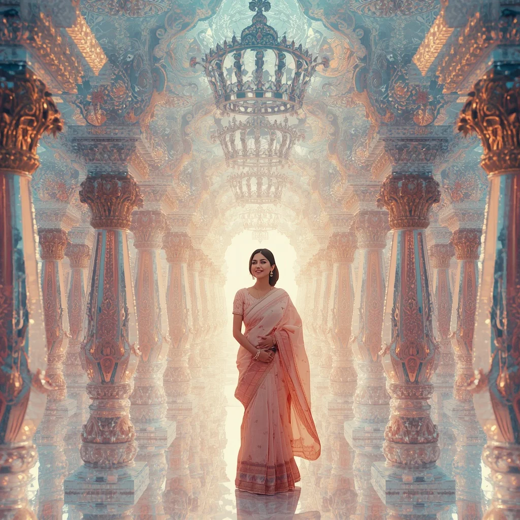 Festive Pastel Saree Crystal Celestial Crown Temple Collage Premium | Trending Girl Photo Prompt