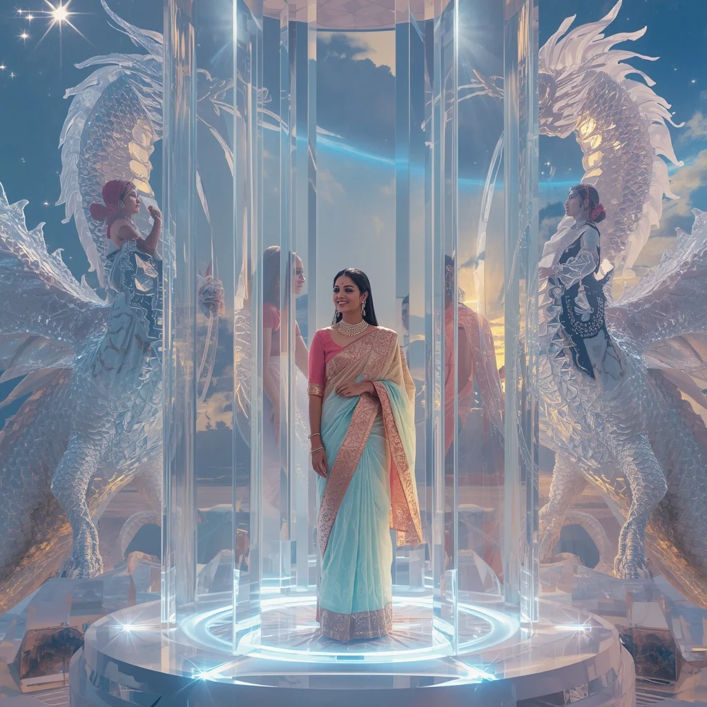 Festive Pastel Saree Crystal Celestial Dragon Queen Fortress Collage Premium Cinematic | Trending Prompt Girls Traditional