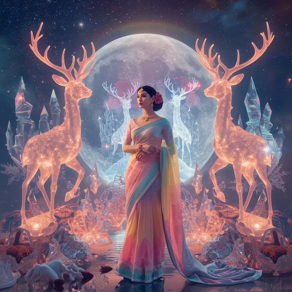 Festive Pastel Saree Crystal Celestial Moon Deer Kingdom Luxury Collage | Festival Prompt