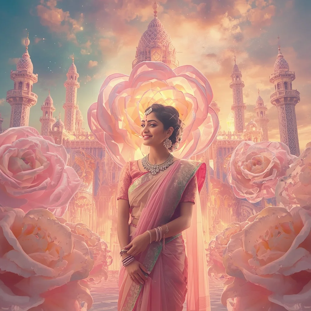 Festive Pastel Saree Crystal Celestial Rose Kingdom Collage Premium | Desi Girl Ai Prompt