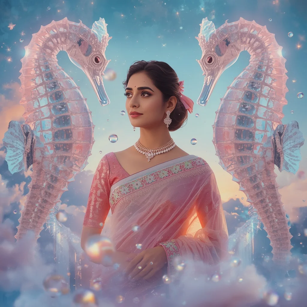 Festive Pastel Saree Crystal Celestial Seahorse Kingdom Collage Premium | Prompt Seen Trending Girl