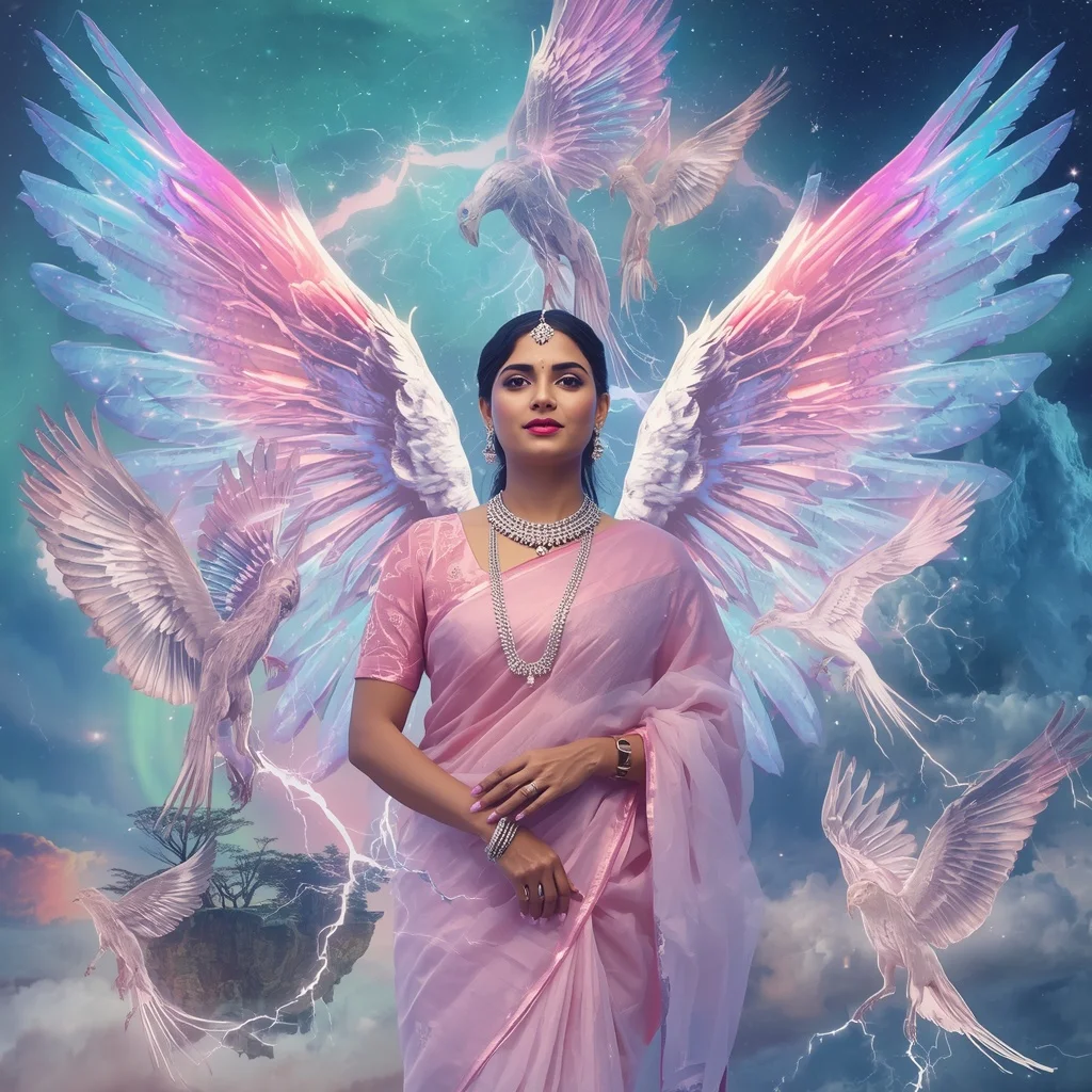Festive Pastel Saree Crystal Celestial Thunder Phoenix Realm Collage Premium | Prompt Engineering