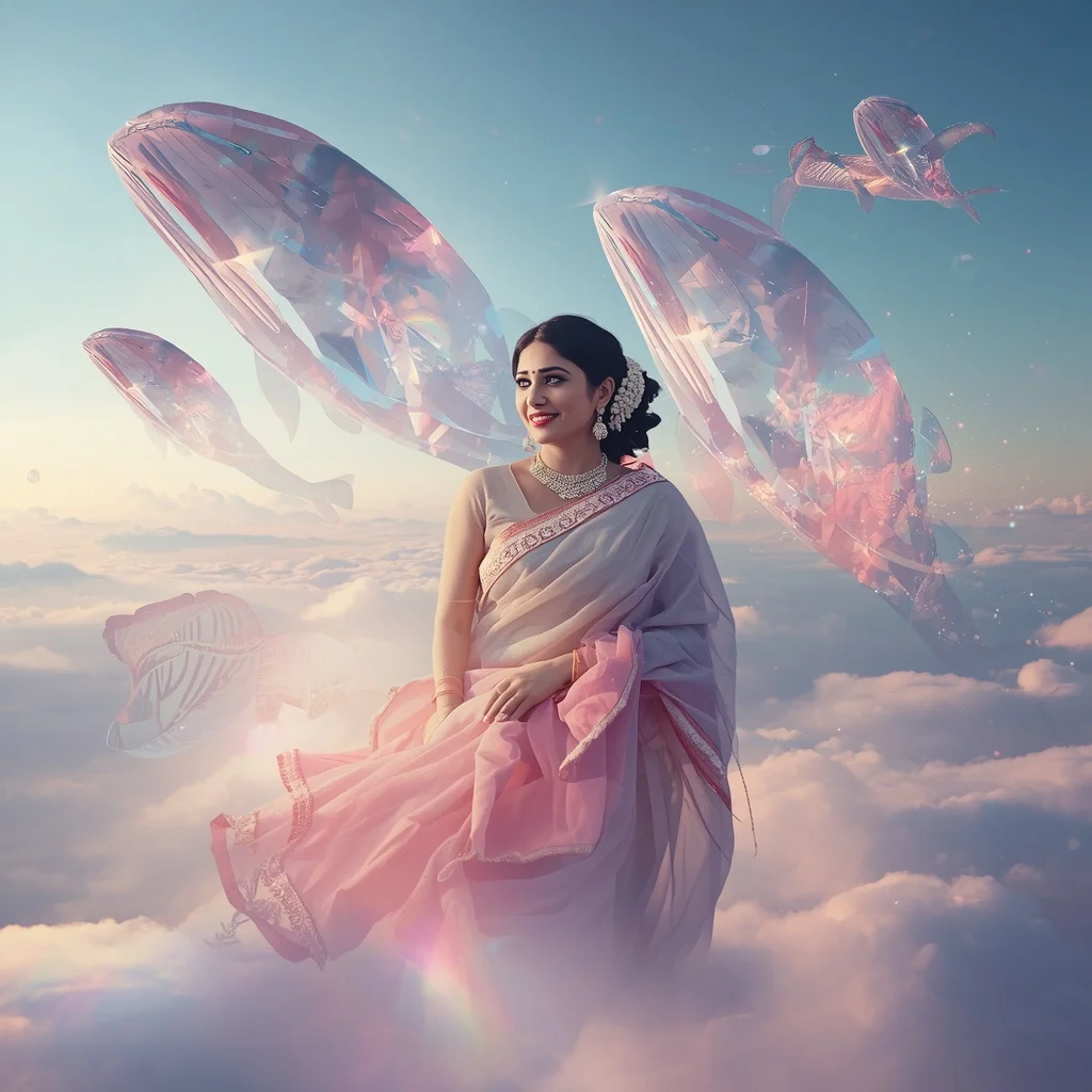 Festive Pastel Saree Crystal Celestial Whale Kingdom Collage Premium | Prompt For Traditional Look For Girl Copy Paste