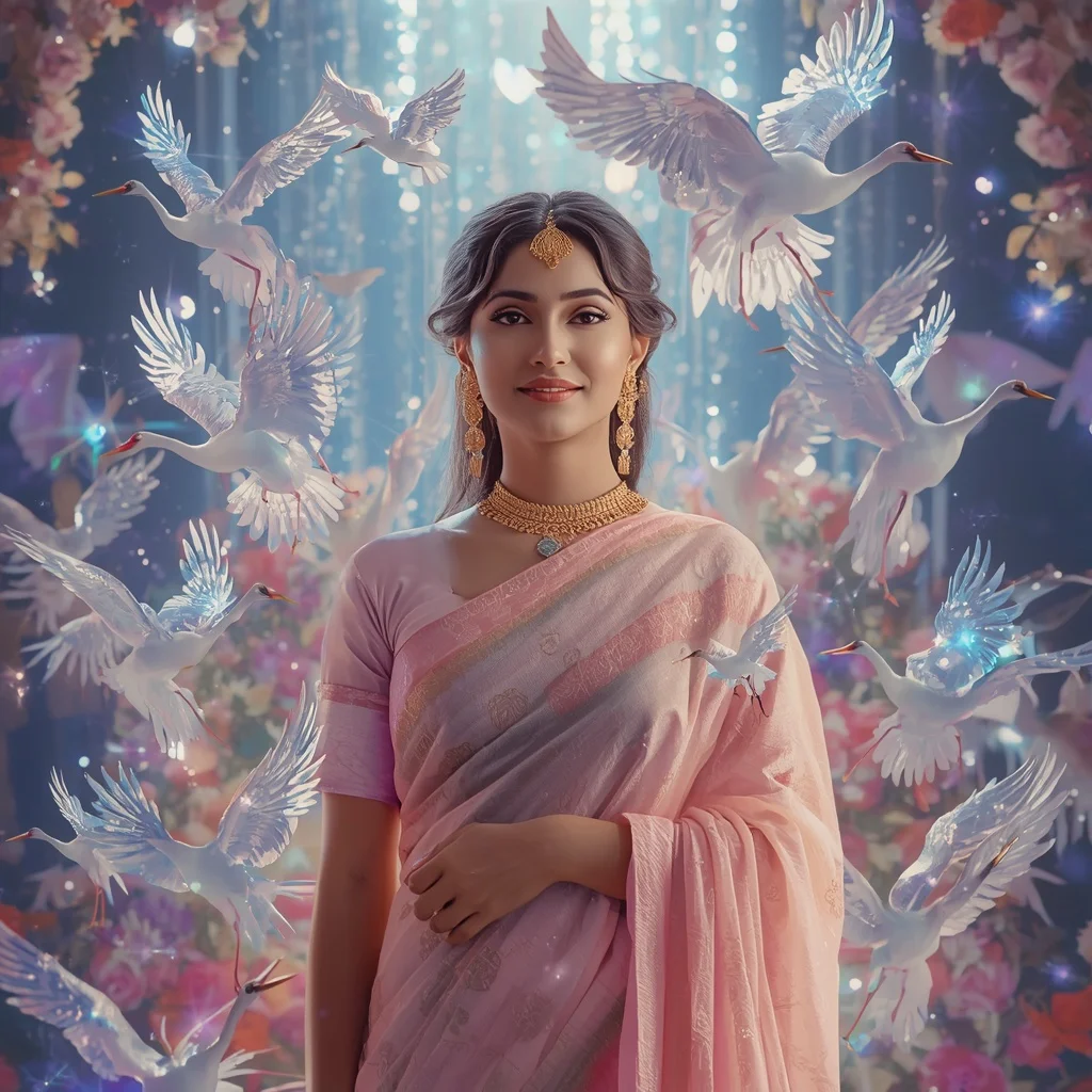 Festive Pastel Saree Crystal Crane Starlight Garden Collage Premium | Gemini Ai Prompt Copy Paste