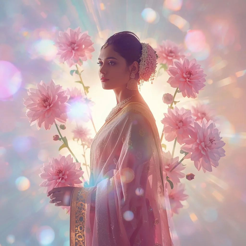 Festive Pastel Saree Crystal Dahlia Light Burst Collage Cinematic | Prompt Seen Girl Photo Editing Chatgpt Download