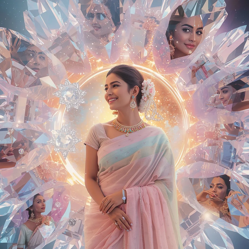 Festive Pastel Saree Crystal Diamond Solar Bloom Collage Premium | Festive Prompt