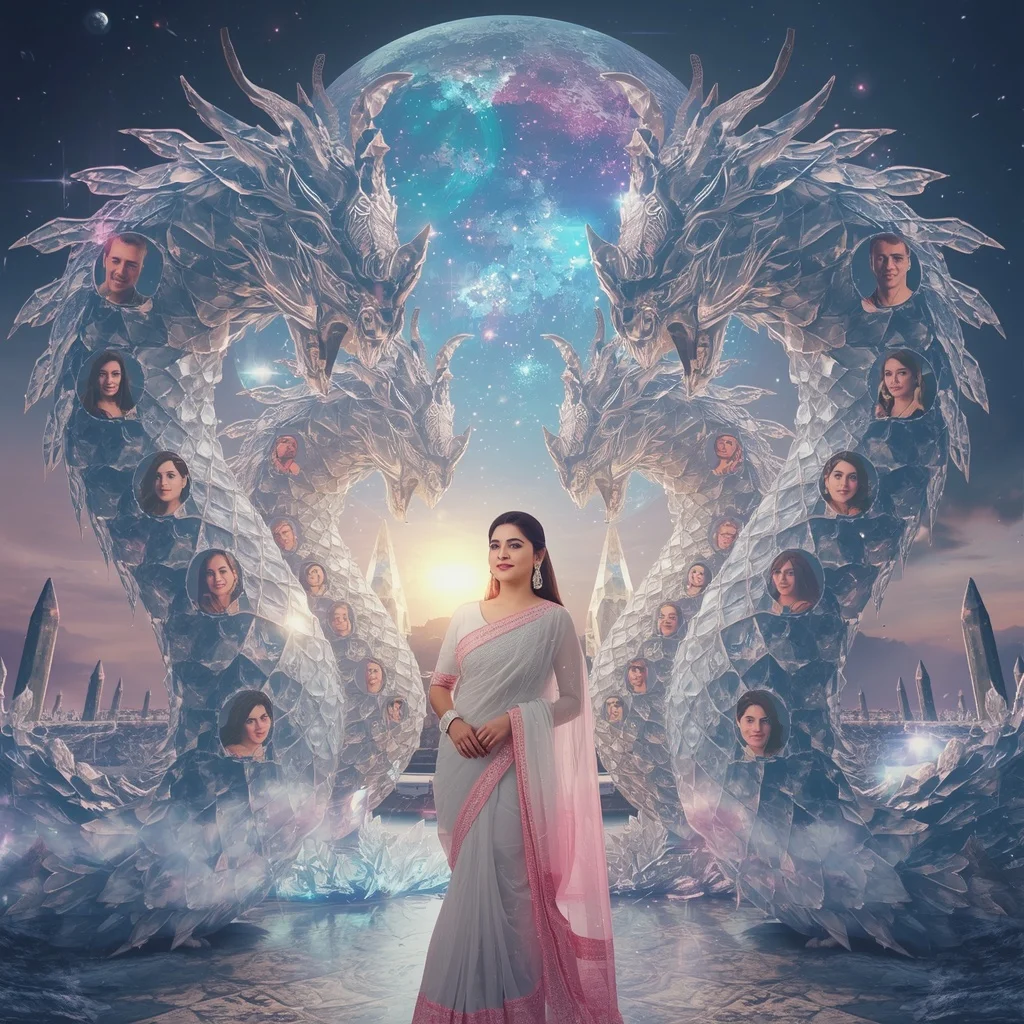 Festive Pastel Saree Crystal Dragon Moon Citadel Collage Premium Cinematic | Prompt For Gemini